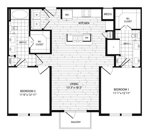 Floor plan for 2 beds, 2 baths, 1130 sqft